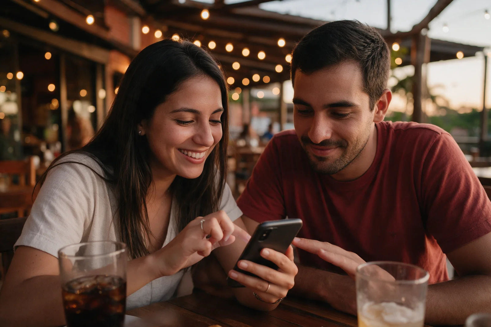 Pareja eligiendo comida desde el celular en la mesa de un restaurante