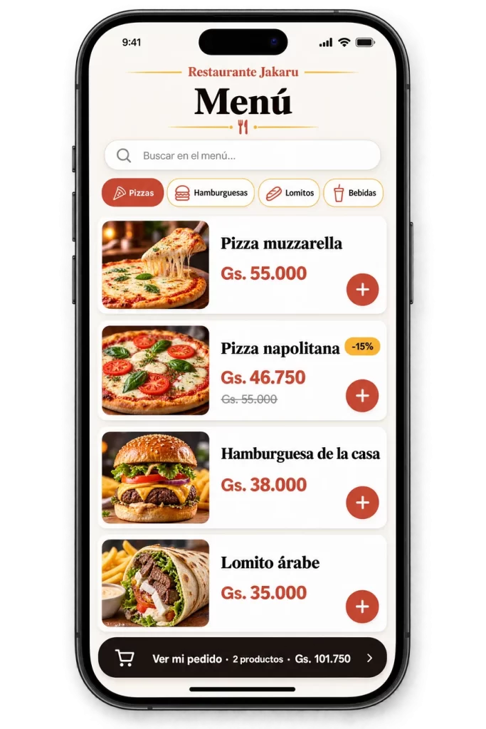 Menú digital de App Jakaru con buscador, categorías, fotos y precios en guaraníes