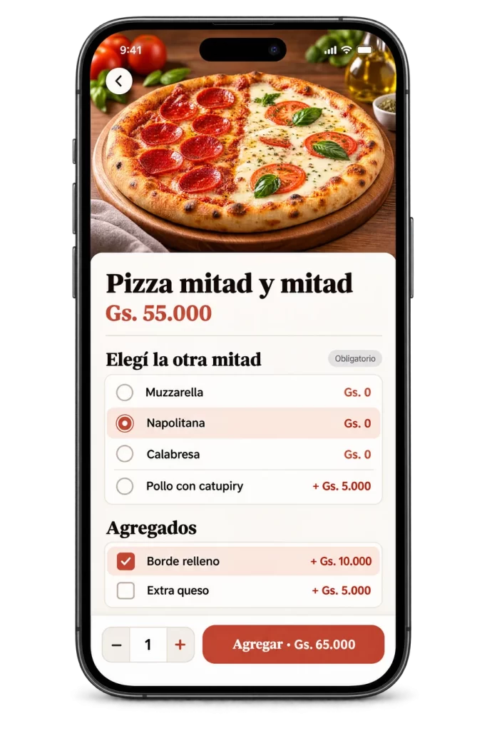 Pantalla de producto de App Jakaru con opciones de mitad y mitad y agregados