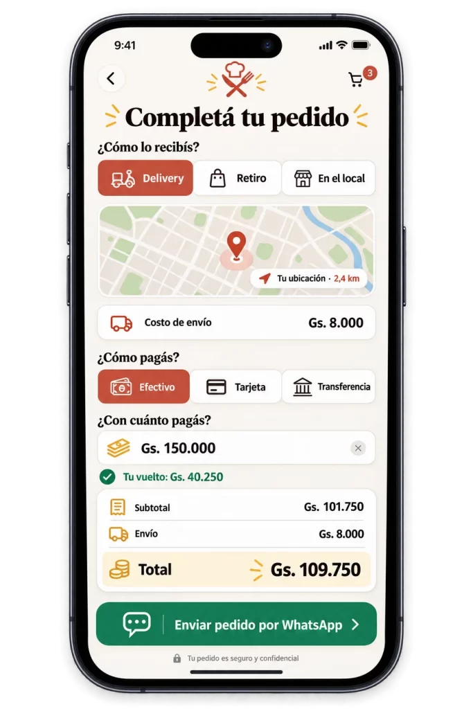 Pantalla para completar el pedido en App Jakaru: delivery, retiro o local, forma de pago y cálculo del vuelto