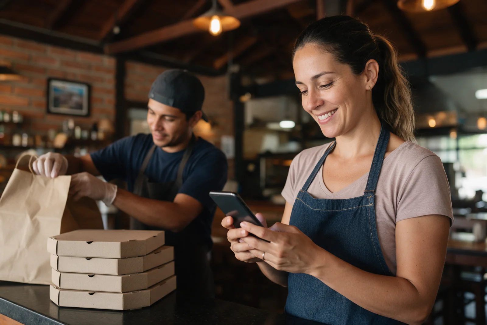 Dueña de restaurante recibiendo un pedido en el celular mientras preparan la entrega