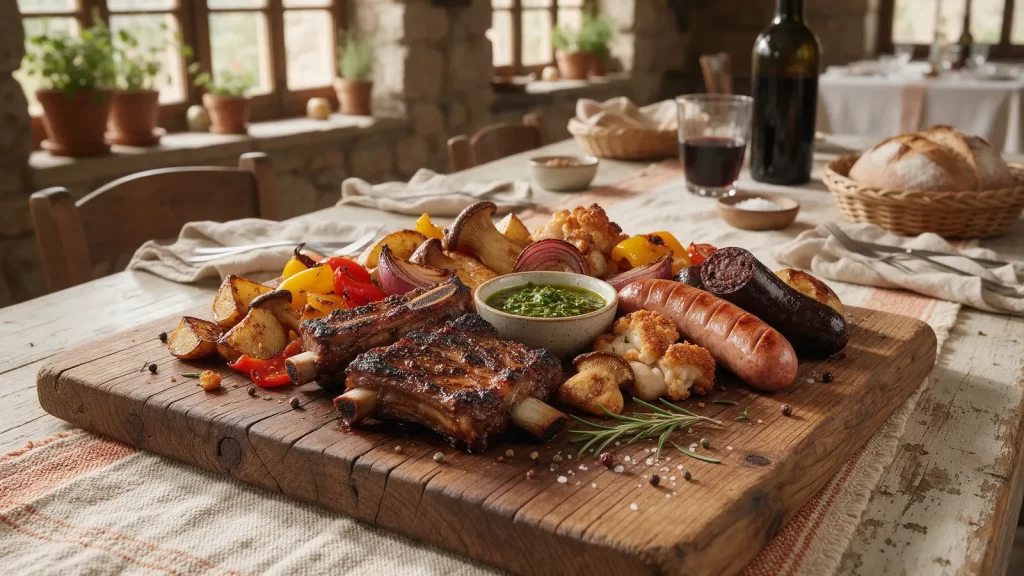 Tabla de parrillada mixta con costilla, chorizo y morcilla con chimichurri. Imagen ilustrativa: no corresponde al local.