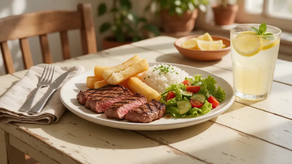 Plato de almuerzo con carne asada, arroz, mandioca y ensalada. Imagen ilustrativa: no corresponde al local.
