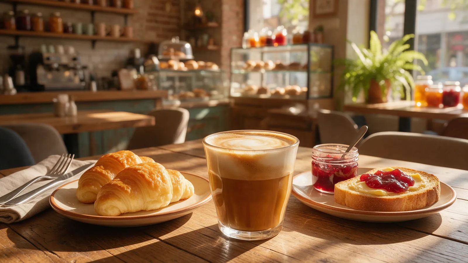 Cortado en vaso de vidrio con dos medialunas y una tostada con manteca. Imagen ilustrativa: no corresponde al local.