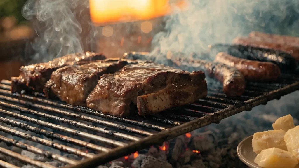 Costillas y chorizos en una parrilla a carbón con mandioca hervida
