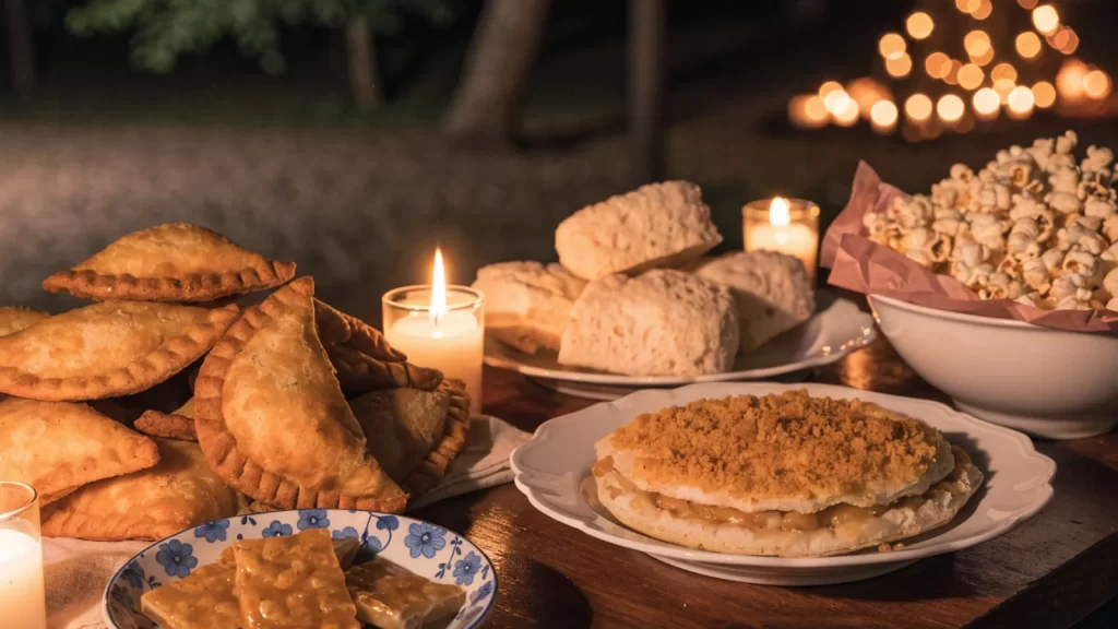 Mesa de San Juan con pastel mandi'o, chipa, pororó y dulce de maní a la luz de velas