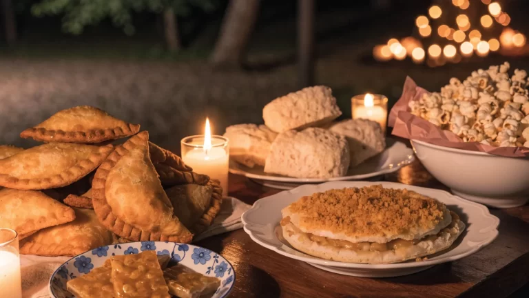 Mesa de San Juan con pastel mandi'o, chipa, pororó y dulce de maní a la luz de velas