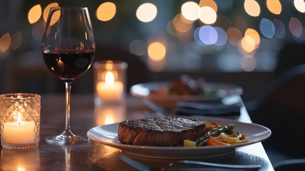 Mesa para dos por la noche con bife, copa de vino tinto y velas