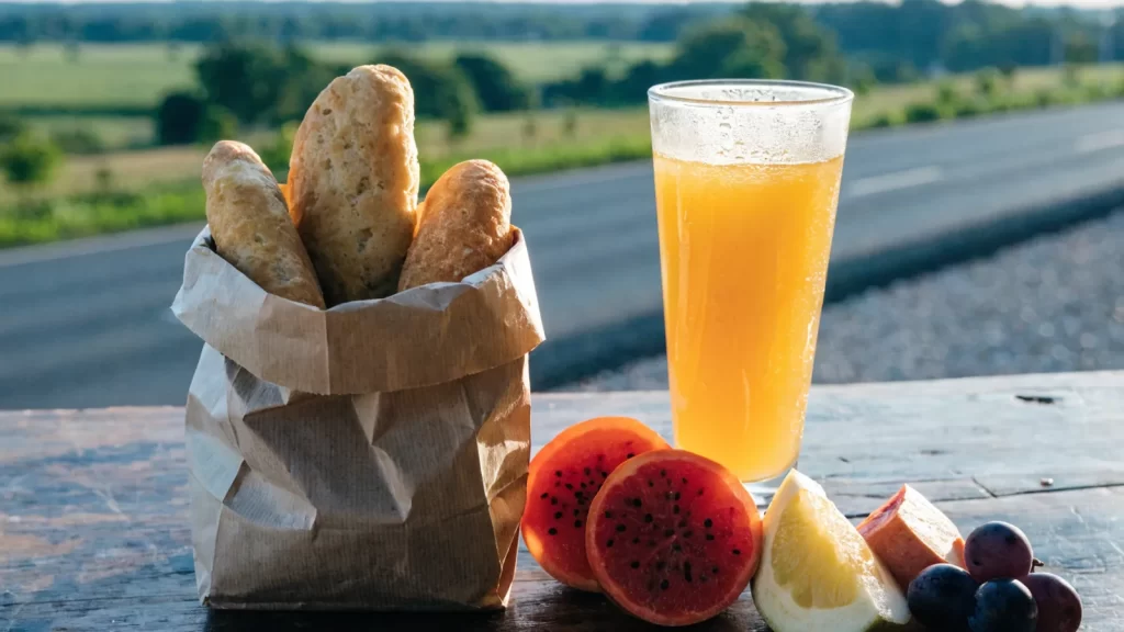 Bolsa de chipa, jugo natural y frutas en un parador junto a la ruta