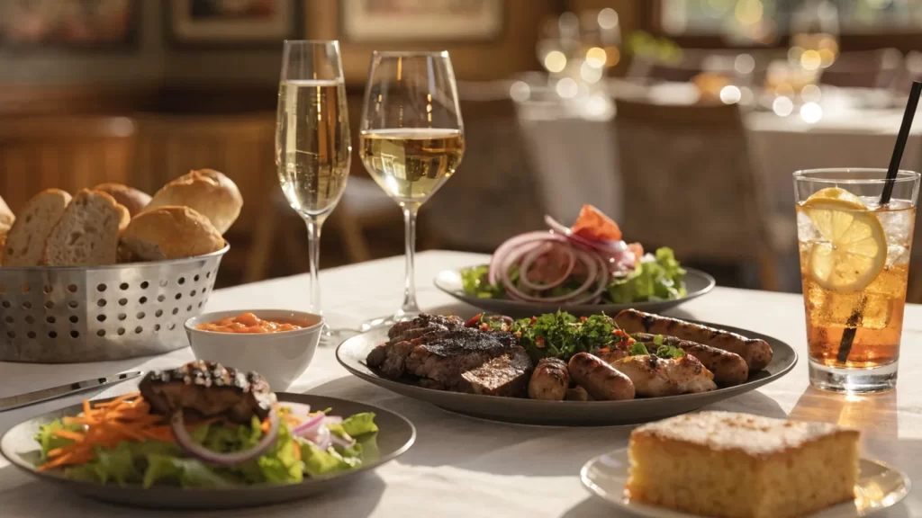 Mesa de restaurante con carnes asadas, sopa paraguaya, ensaladas y bebidas