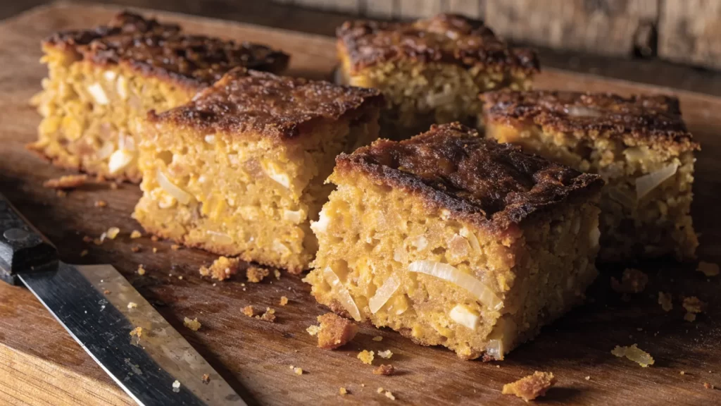 Porciones de sopa paraguaya dorada sobre una tabla de madera