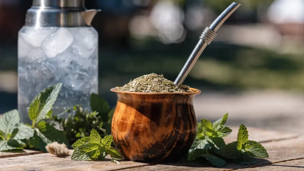 Tereré en guampa con bombilla, termo con hielo y yuyos frescos