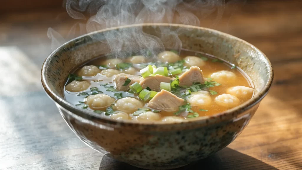 Plato hondo de vori vori, caldo de pollo con bolitas de harina de maíz y queso