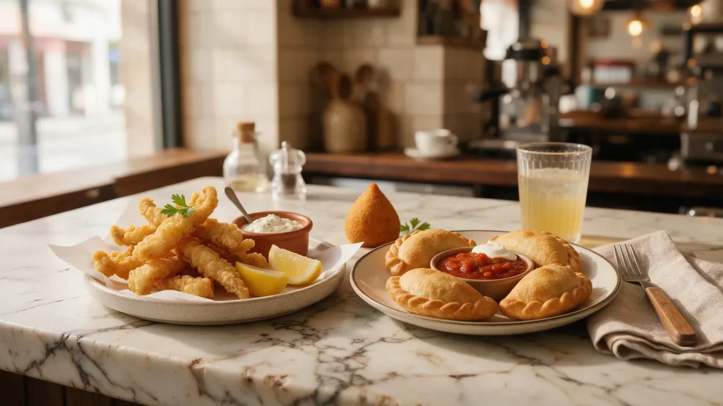 Tiras de pescado de río fritas con empanadas y una coxinha sobre un mostrador de mármol. Imagen ilustrativa: no corresponde al local.
