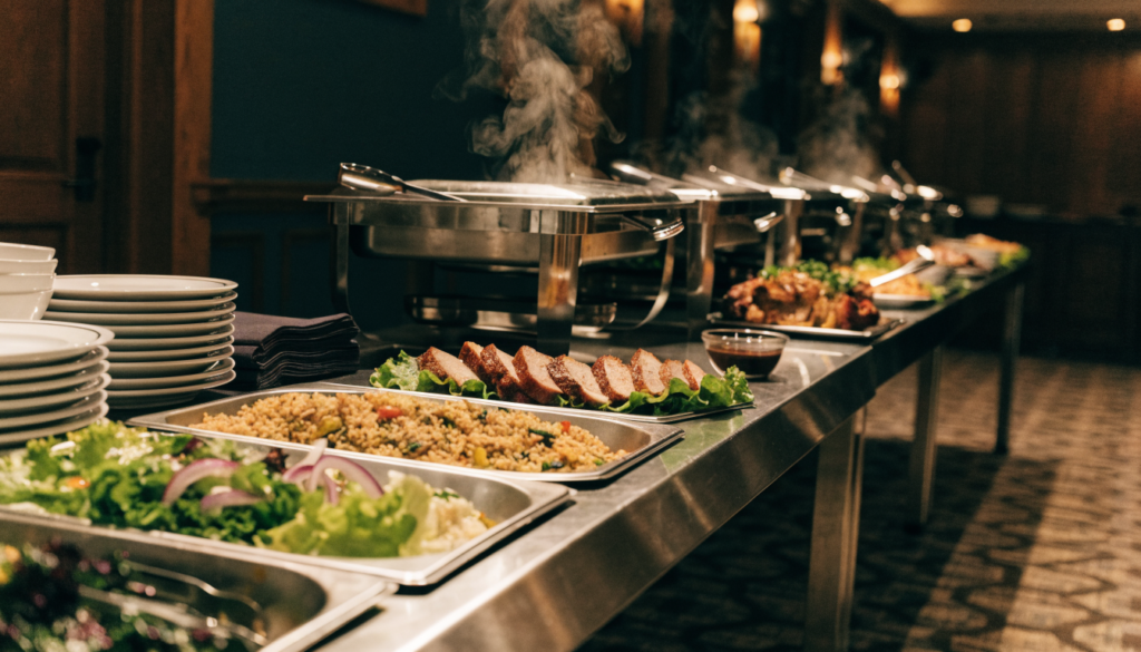 Mesa de buffet con bandejas de guarniciones, ensaladas y cortes de carne. Imagen ilustrativa: no corresponde al local.