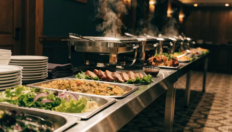Mesa de buffet con bandejas de guarniciones, ensaladas y cortes de carne. Imagen ilustrativa: no corresponde al local.