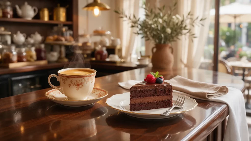 Espresso en taza de porcelana junto a una porción de torta de chocolate. Imagen ilustrativa: no corresponde al local.