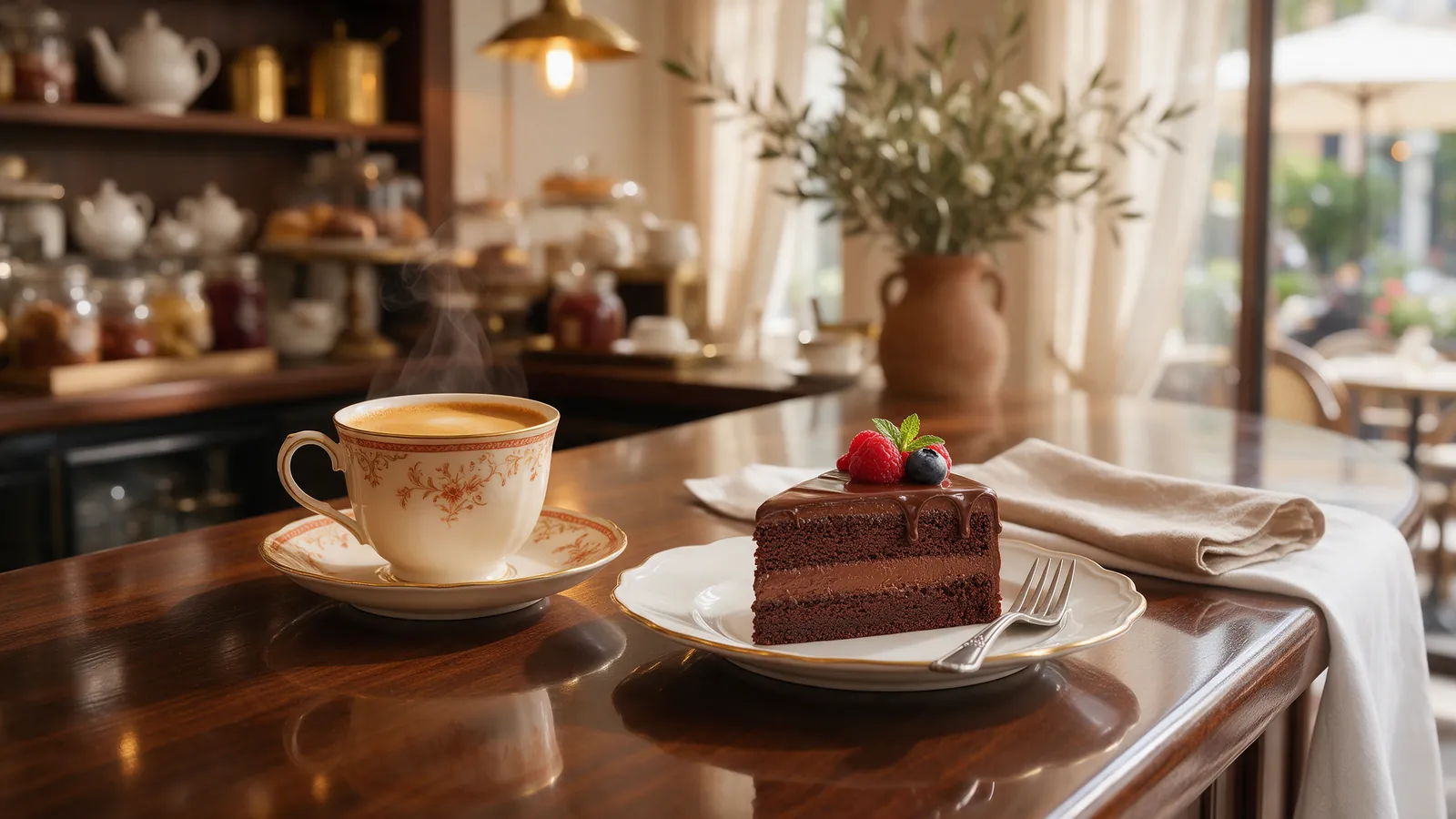 Espresso en taza de porcelana junto a una porción de torta de chocolate. Imagen ilustrativa: no corresponde al local.