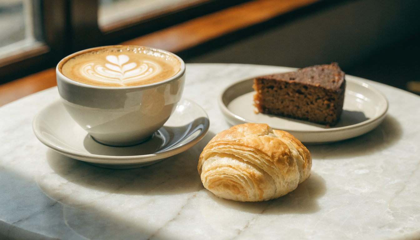 Café con leche con arte latte junto a una medialuna y una porción de torta casera. Imagen ilustrativa: no corresponde al local.