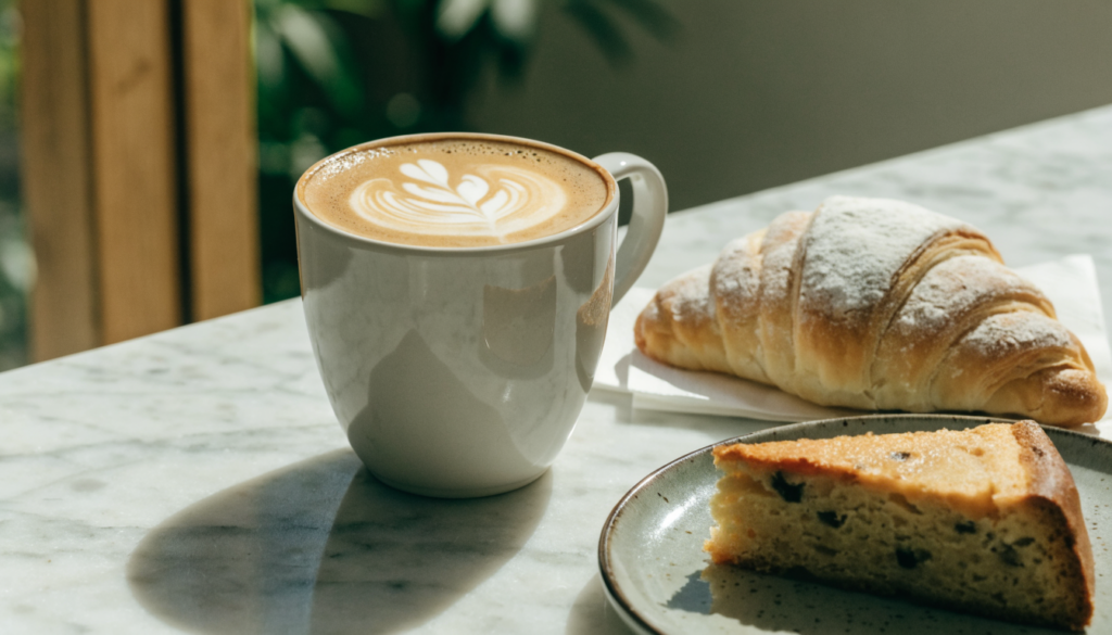 Café con leche con arte latte junto a una medialuna y una porción de torta casera. Imagen ilustrativa: no corresponde al local.