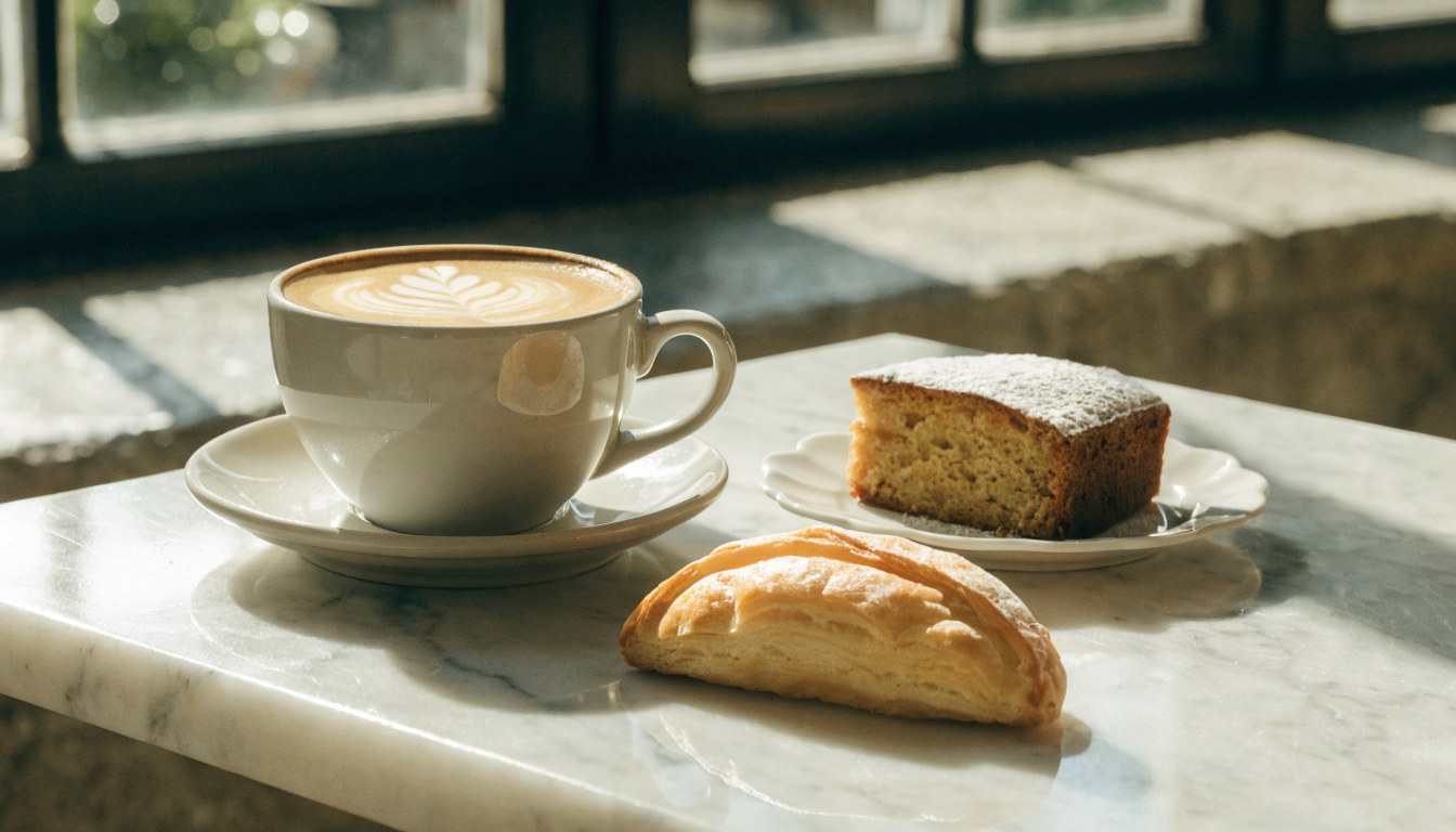 Café con leche con arte latte junto a una medialuna y una porción de torta casera. Imagen ilustrativa: no corresponde al local.