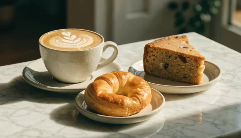 Café con leche con arte latte junto a una medialuna y una porción de torta casera. Imagen ilustrativa: no corresponde al local.