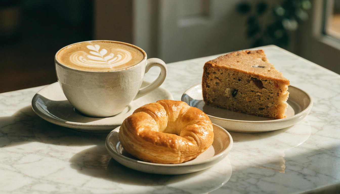 Café con leche con arte latte junto a una medialuna y una porción de torta casera. Imagen ilustrativa: no corresponde al local.