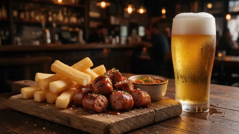 Tabla de mandioca frita y bocados de chorizo junto a un vaso de cerveza tirada. Imagen ilustrativa: no corresponde al local.
