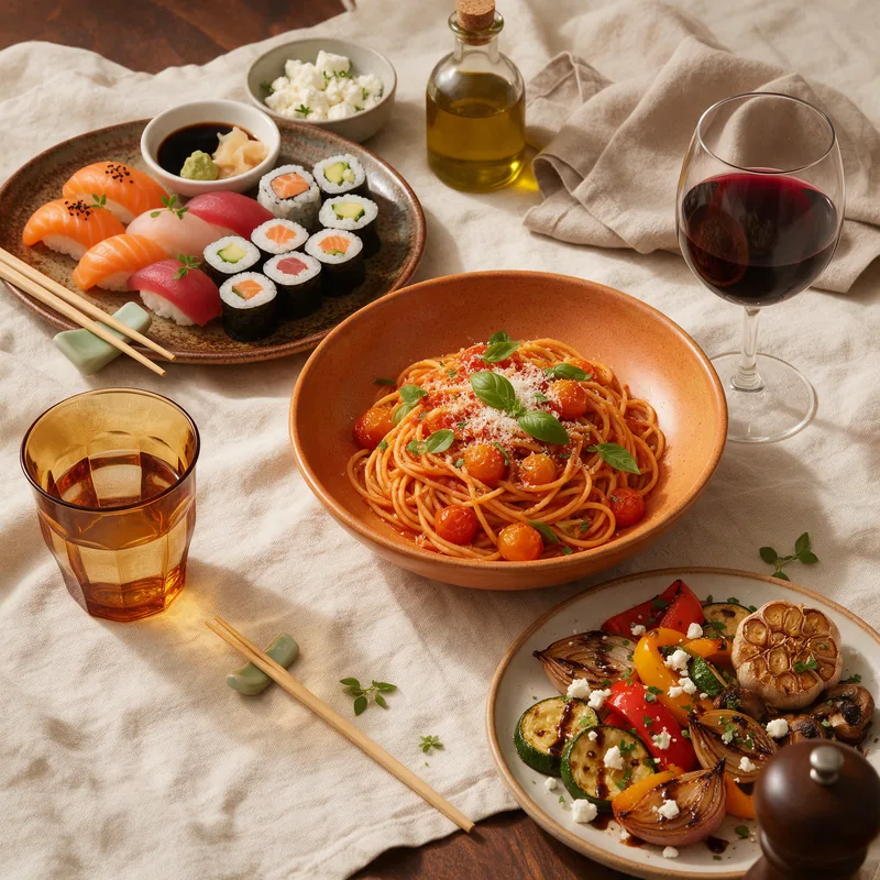Mesa con sushi, pasta y verduras a la parrilla vista desde arriba