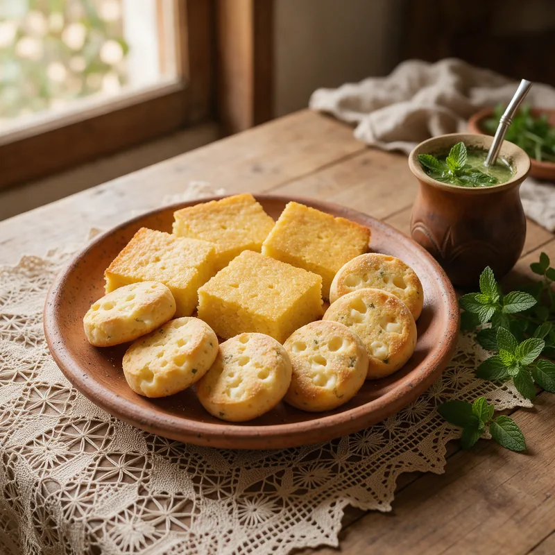 Sopa paraguaya y chipa en un plato de barro junto a una guampa de tereré