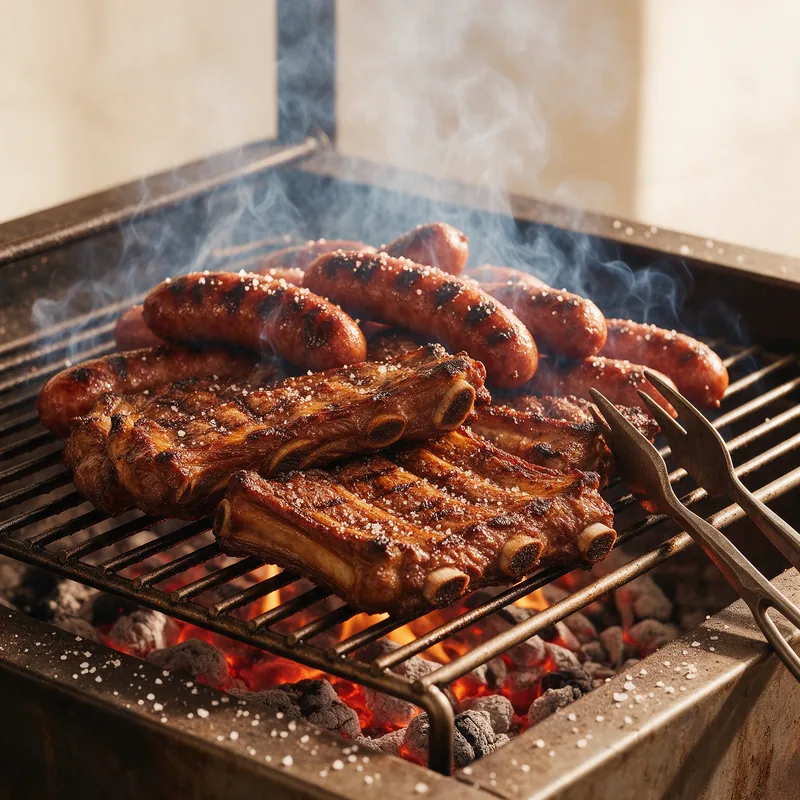 Costillas de vacuno y chorizo asándose sobre brasas