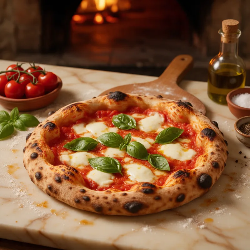 Pizza recién salida del horno de leña sobre mármol