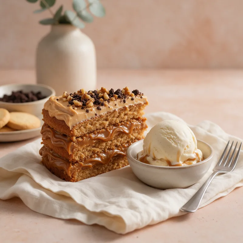 Porción de torta de dulce de leche y helado artesanal