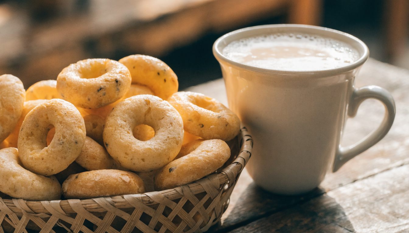 Canasta de chipa recién horneada junto a una taza de cocido con leche. Imagen ilustrativa: no corresponde al local.