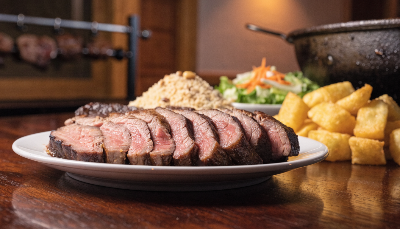 Espada de picaña recién cortada sobre plato, con mandioca frita y ensalada al fondo. Imagen ilustrativa: no corresponde al local.