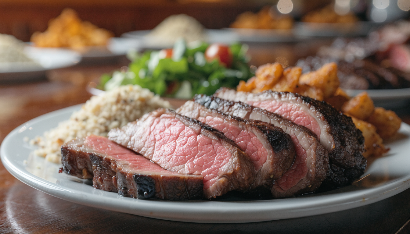 Espada de picaña recién cortada sobre plato, con mandioca frita y ensalada al fondo. Imagen ilustrativa: no corresponde al local.