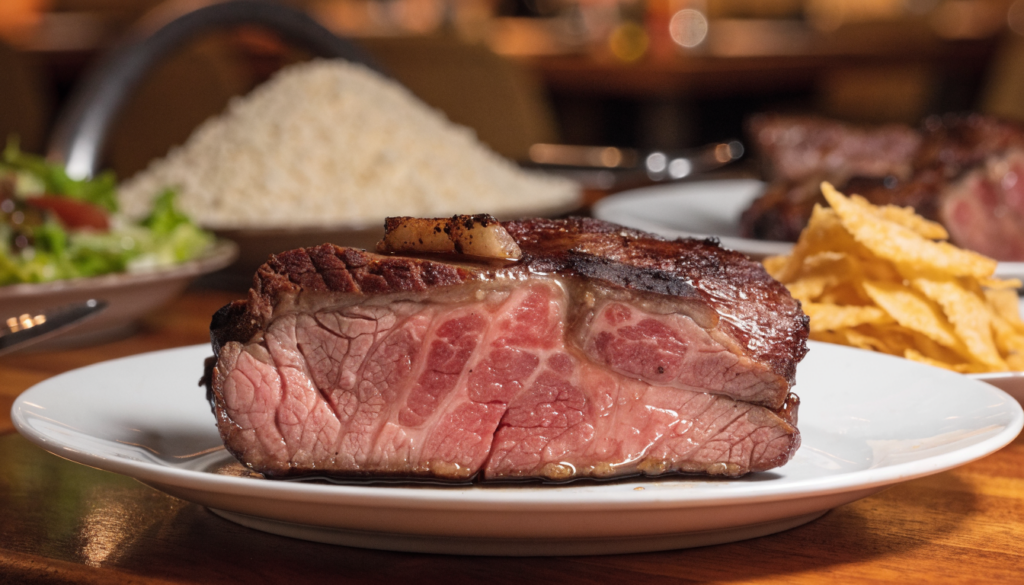 Espada de picaña recién cortada sobre plato, con mandioca frita y ensalada al fondo. Imagen ilustrativa: no corresponde al local.