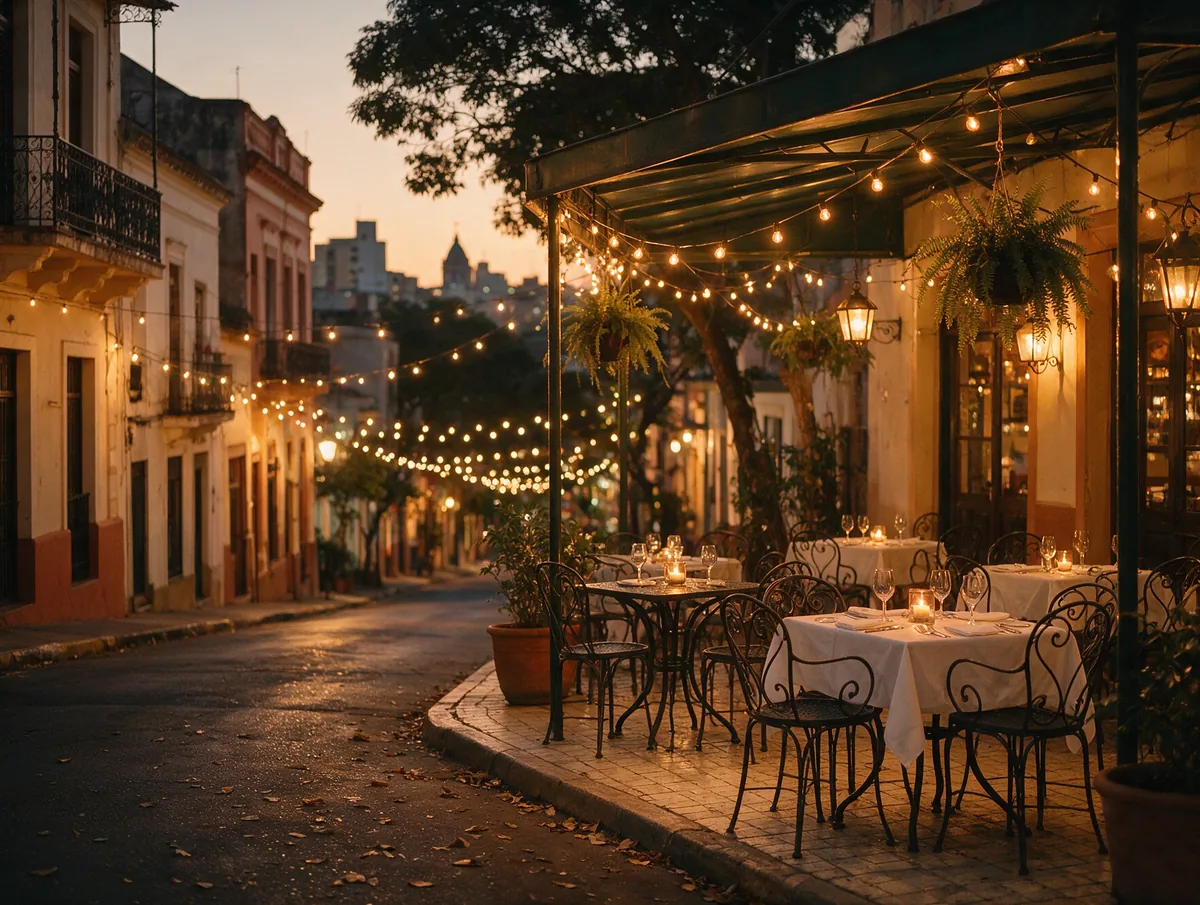 Terraza de restaurante iluminada con guirnaldas en una calle de Asunción al anochecer