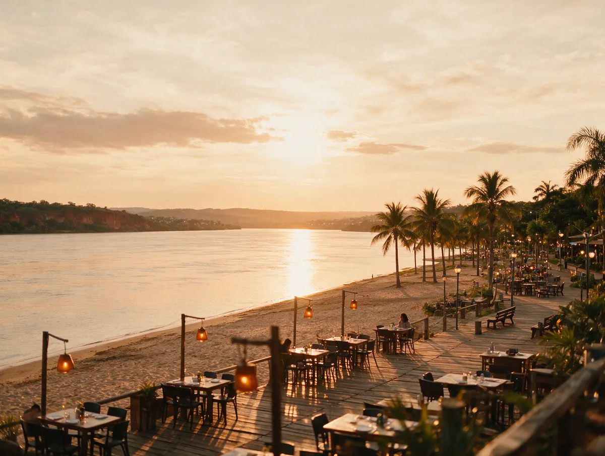 Atardecer sobre la costanera de Encarnación con mesas al aire libre junto al río Paraná