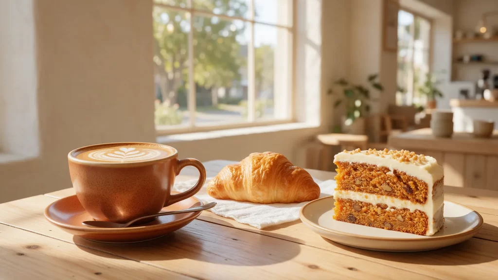 Café con leche con arte latte junto a una medialuna y una porción de torta. Imagen ilustrativa: no corresponde al local.