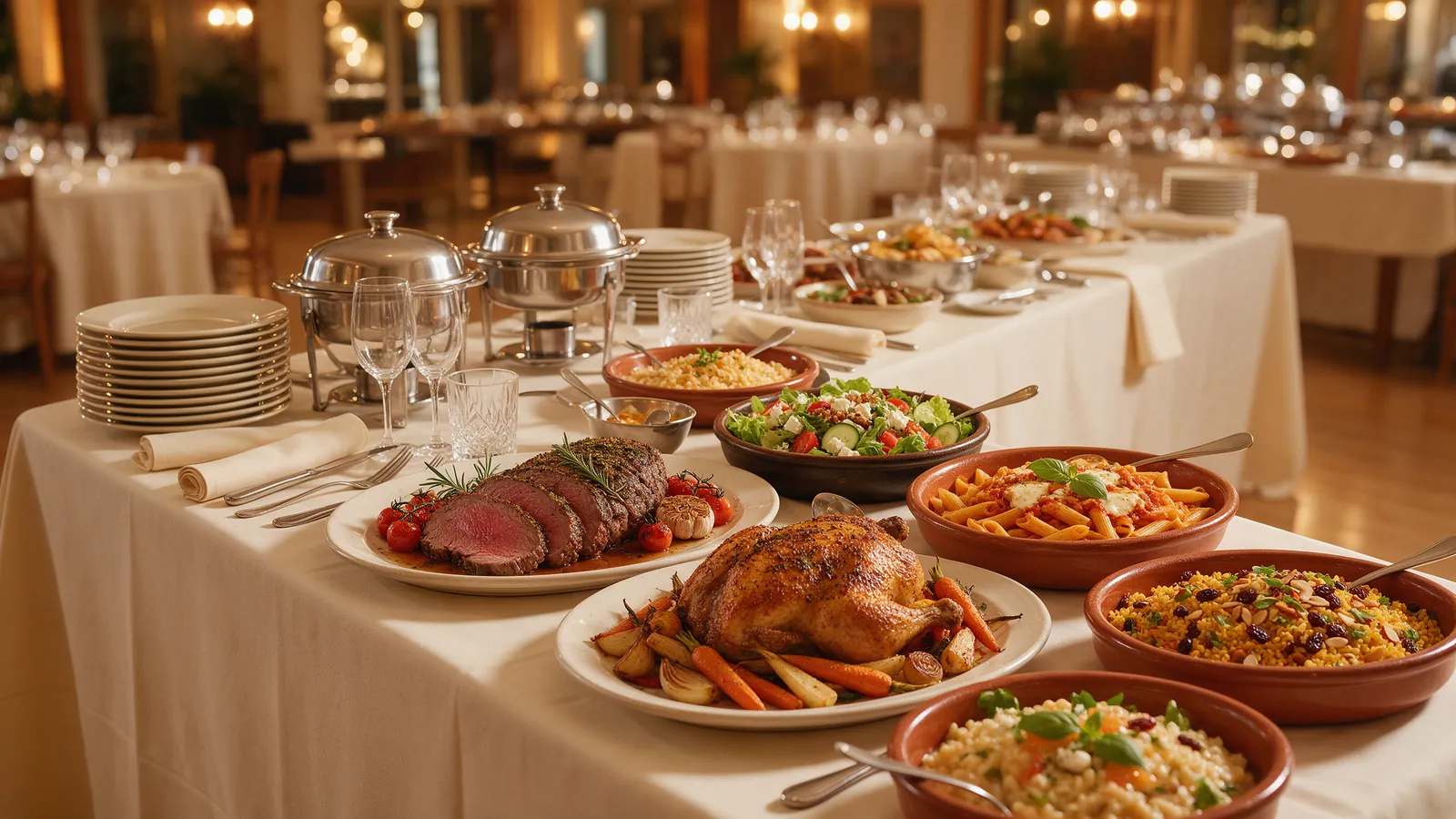 Mesa de buffet para eventos con carnes asadas, pastas, arroz y ensaladas. Imagen ilustrativa: no corresponde al local.