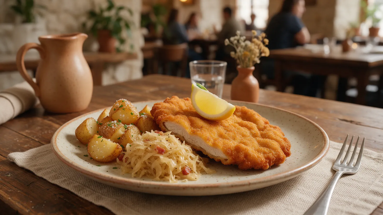 Milanesa alemana con papas asadas y chucrut en plato de gres. Imagen ilustrativa: no corresponde al local.