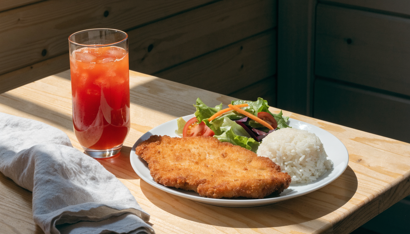 Plato de milanesa con arroz y ensalada junto a un vaso de jugo natural. Imagen ilustrativa: no corresponde al local.