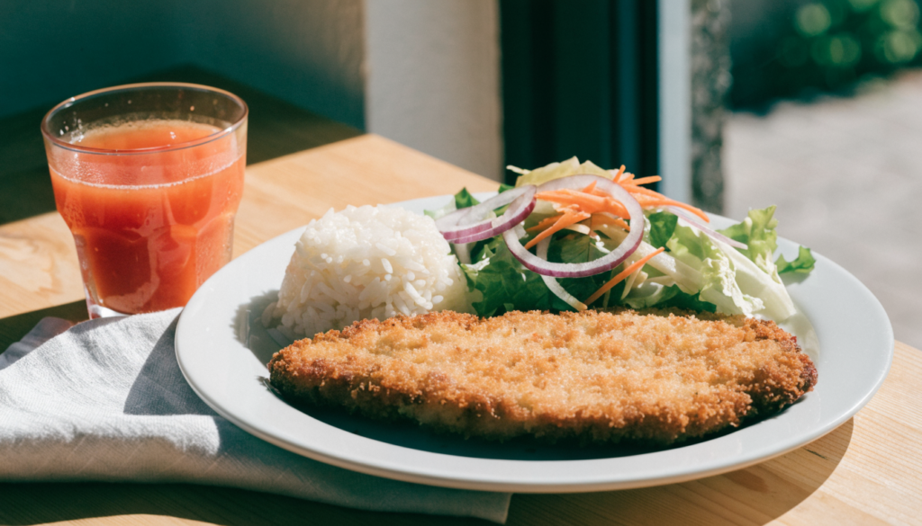 Plato de milanesa con arroz y ensalada junto a un vaso de jugo natural. Imagen ilustrativa: no corresponde al local.