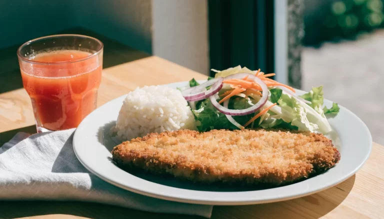 Plato de milanesa con arroz y ensalada junto a un vaso de jugo natural. Imagen ilustrativa: no corresponde al local.