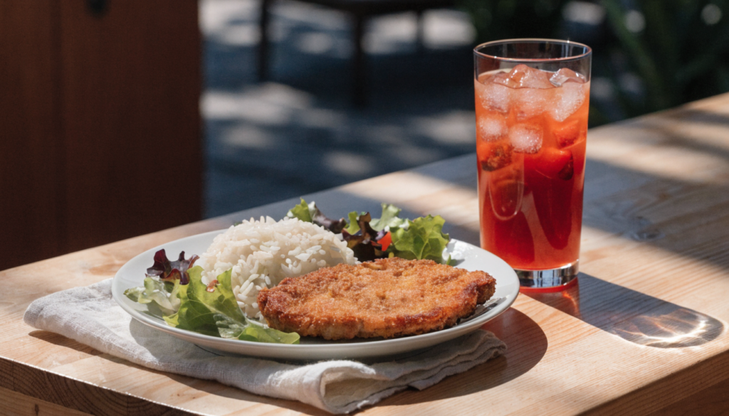 Plato de milanesa con arroz y ensalada junto a un vaso de jugo natural. Imagen ilustrativa: no corresponde al local.