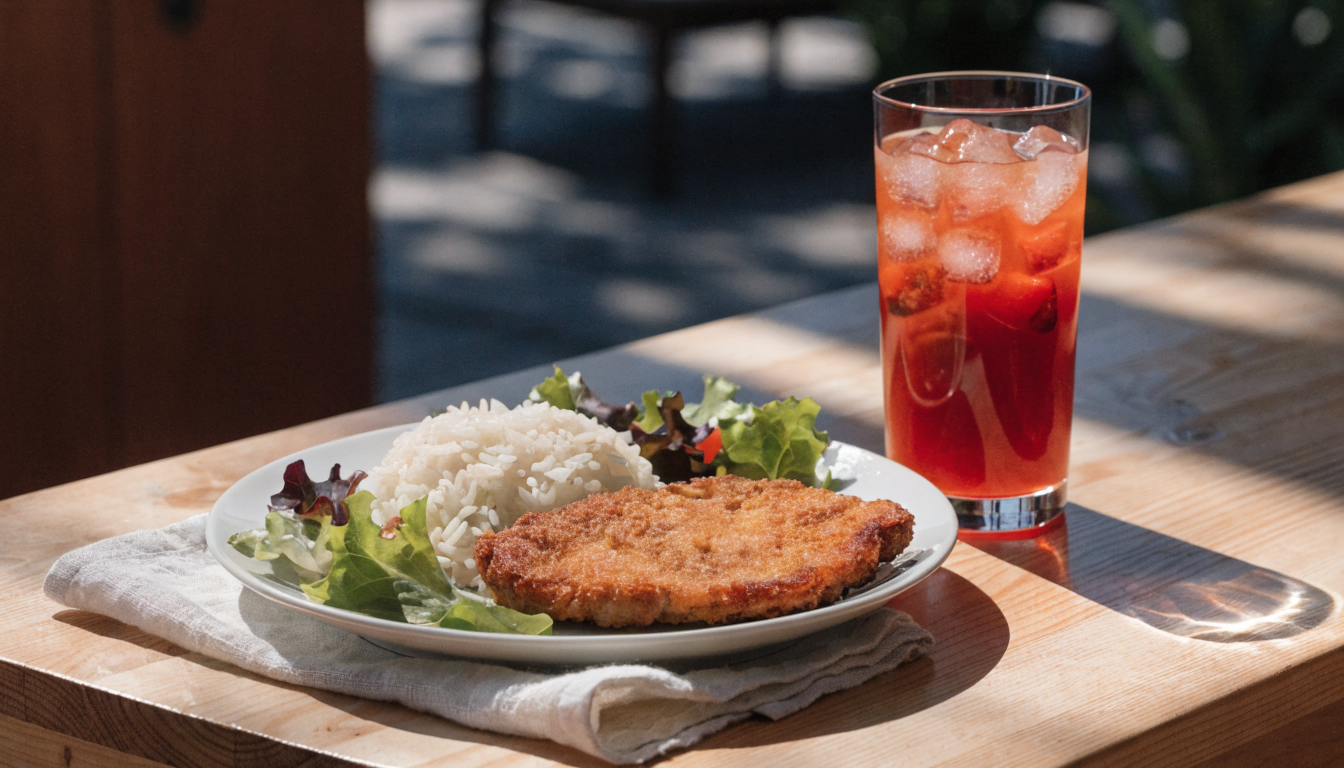 Plato de milanesa con arroz y ensalada junto a un vaso de jugo natural. Imagen ilustrativa: no corresponde al local.