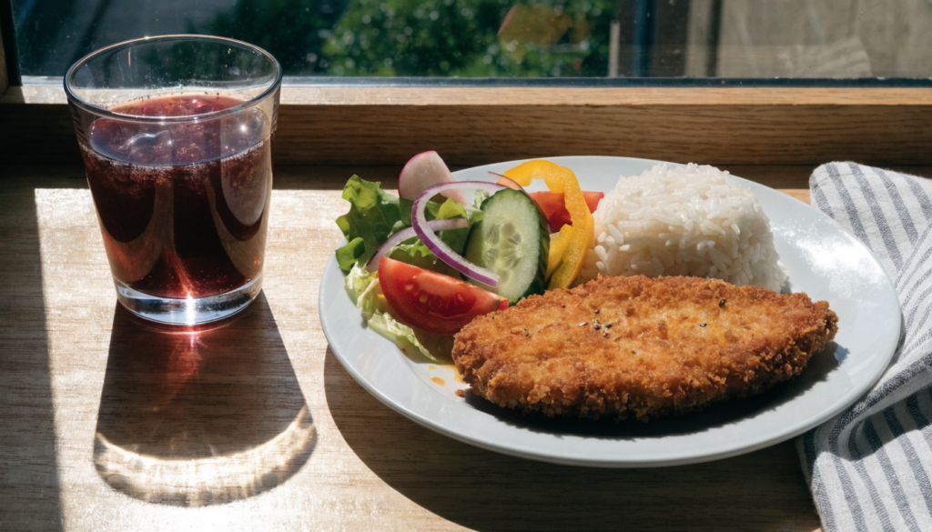 Plato de milanesa con arroz y ensalada junto a un vaso de jugo natural. Imagen ilustrativa: no corresponde al local.