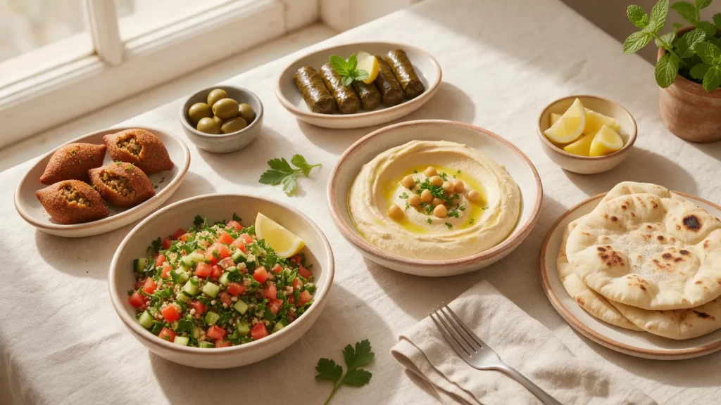 Mezze libanés con hummus, tabbouleh, niños envueltos, kibbe y pan árabe. Imagen ilustrativa: no corresponde al local.