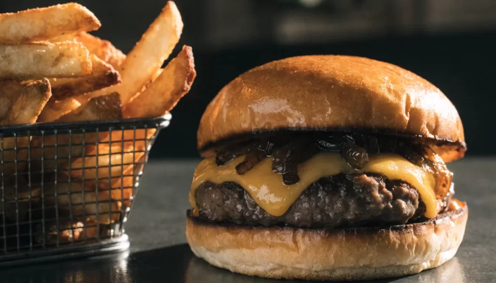 Hamburguesa artesanal con queso derretido y papas fritas rústicas en canasta. Imagen ilustrativa: no corresponde al local.